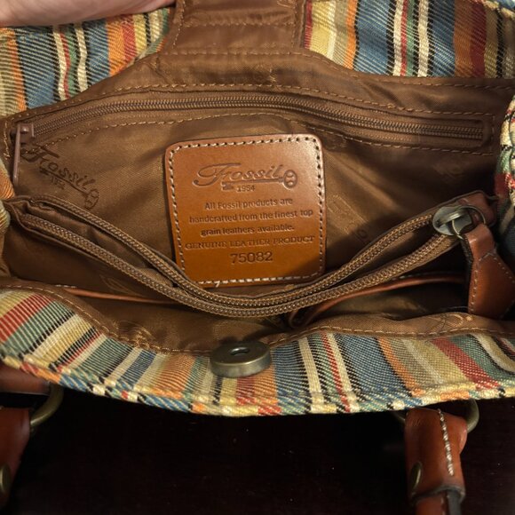 Fossil Multicolor Striped Canvas Fabric Brown Leather Crossbody - Picture 11 of 11